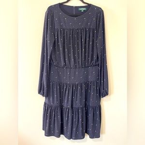 Lauren Ralph Lauren Womens Dress Size 14 Navy Blue Polkadot Knee Length …